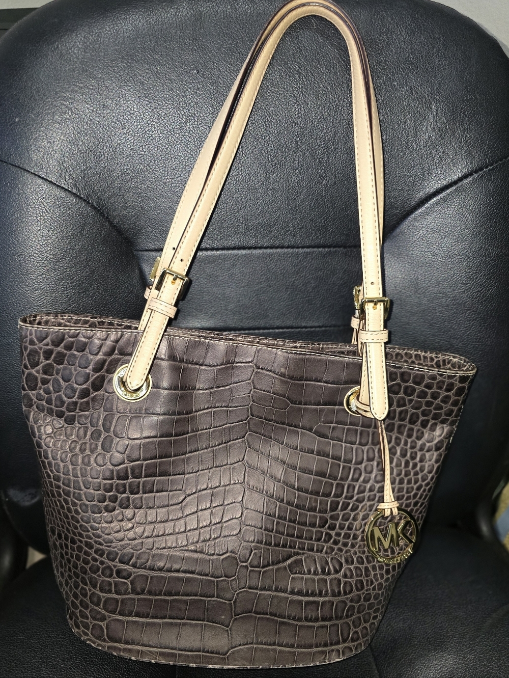 MICHAEL Michael Kors Brown Croc-Embossed Tote with Cream Handles